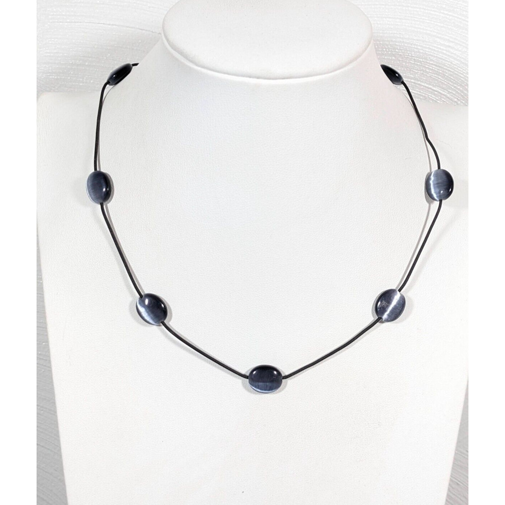 Express Black Metallic Gray Glass Cats Eye Oval Station Bead Necklace 17 in